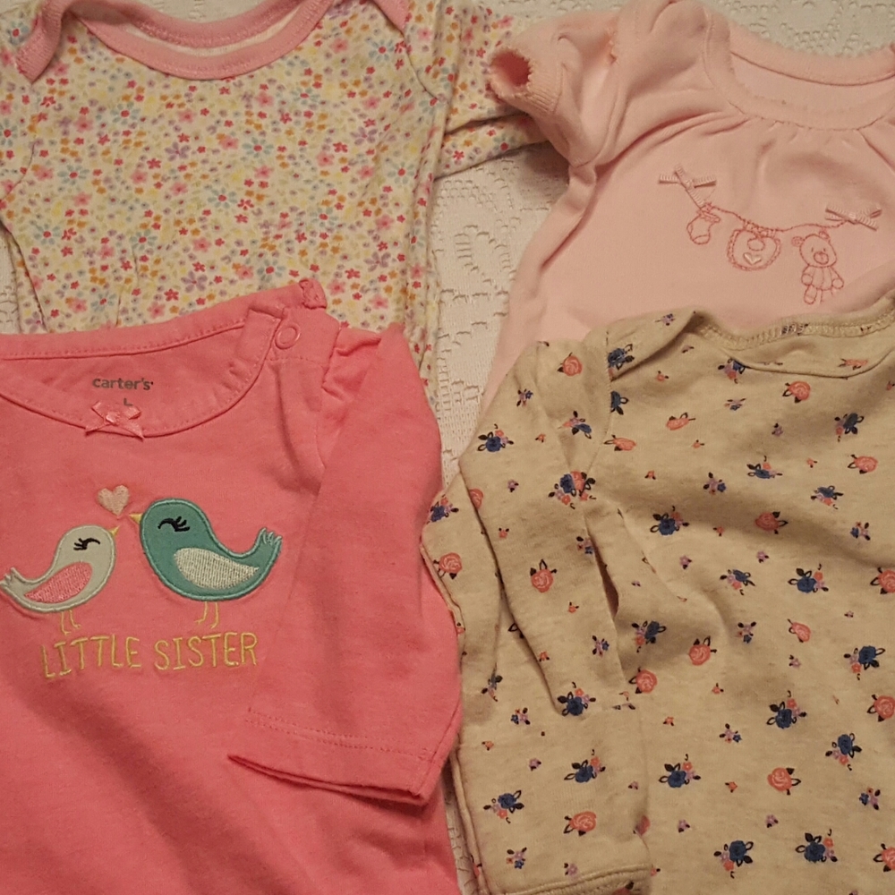 3 CARTER'S & 1 GERBER ONESIES BIRDS TEDDY BEAR EUC